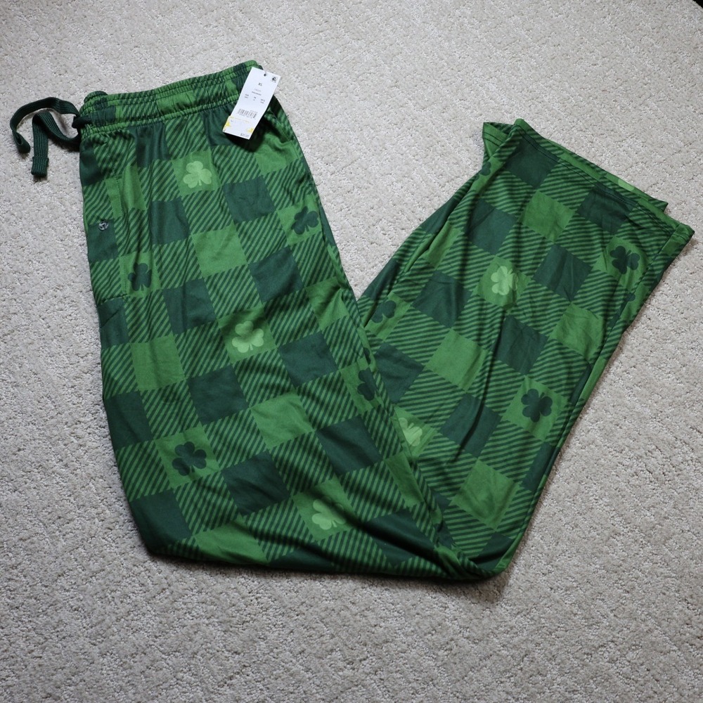 Bioworld Mens St Patricks Day Shamrock Buffalo Plaid Sleep Pants Green XL
